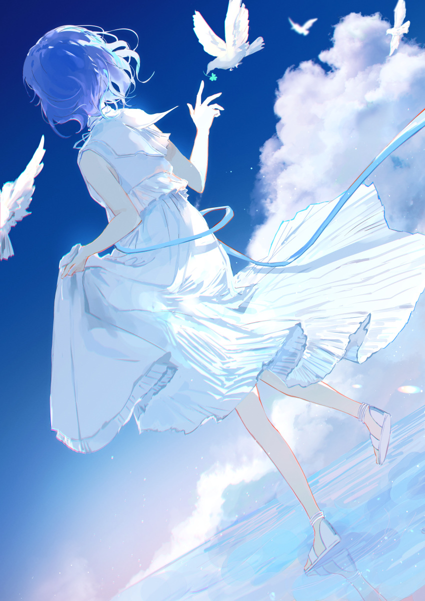 1girl absurdres bird blue_hair blue_ribbon blue_sky clouds clover colorful_festival_(project_sekai) commentary dove dress dutch_angle four-leaf_clover frilled_dress frills highres holding holding_clothes holding_dress kiritani_haruka koppan looking_at_animal neckerchief project_sekai reflection ribbon sandals short_hair sky solo walking walking_on_liquid white_bird white_dress white_footwear white_neckerchief