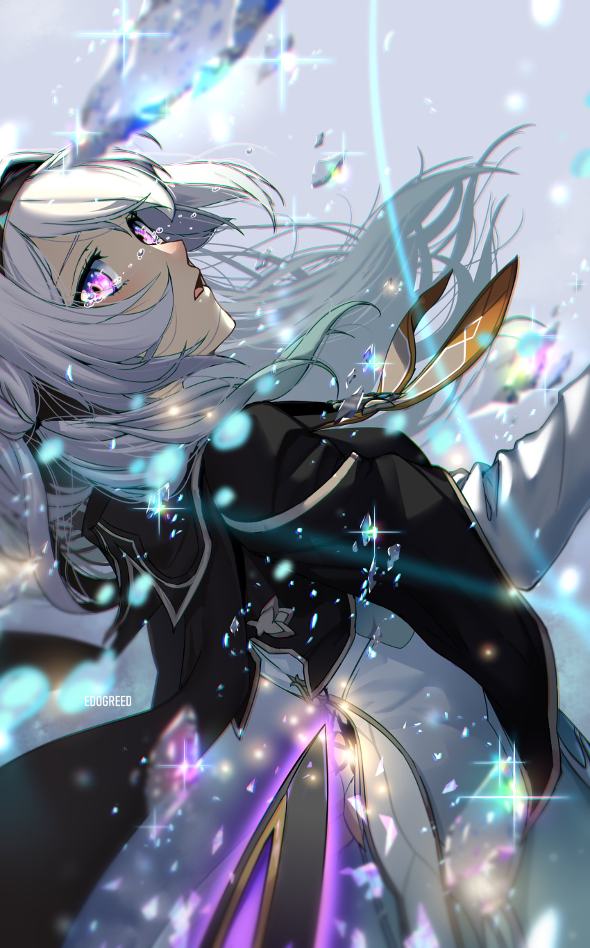 1girl absurdres artist_name black_hairband black_jacket collared_shirt cowboy_shot cropped_jacket crying crying_with_eyes_open eadgear firefly_(honkai:_star_rail) floating_hair from_side glowing glowing_sword glowing_weapon gradient_hair green_hair grey_hair hairband highres honkai:_star_rail honkai_(series) jacket long_hair looking_at_viewer multicolored_hair neckerchief orange_neckerchief shirt sidelocks solo spoilers sword tears violet_eyes weapon when_you_see_it white_shirt