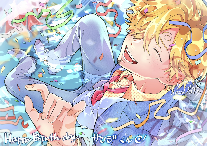 1boy 2024 blonde_hair blue_suit closed_eyes confetti curly_eyebrows english_text facial_hair goatee happy_birthday highres mustache necktie open_mouth partially_submerged ponko517 red_necktie sanji_(one_piece) shirt short_hair smile suit water white_shirt