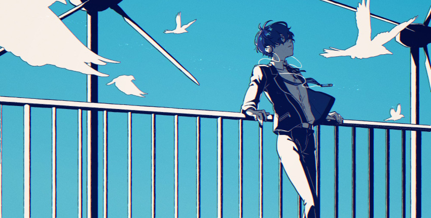 1boy against_railing bird black_jacket black_pants blue_eyes blue_hair blue_sky clear_sky collared_shirt day earphones earphones feet_out_of_frame hair_between_eyes highres jacket leaning_back limited_palette looking_up male_focus open_clothes open_jacket outdoors pants parted_lips persona persona_3 railing school_uniform shirt short_hair sidelocks sky solo twfm white_shirt wind_turbine yuuki_makoto_(persona_3)