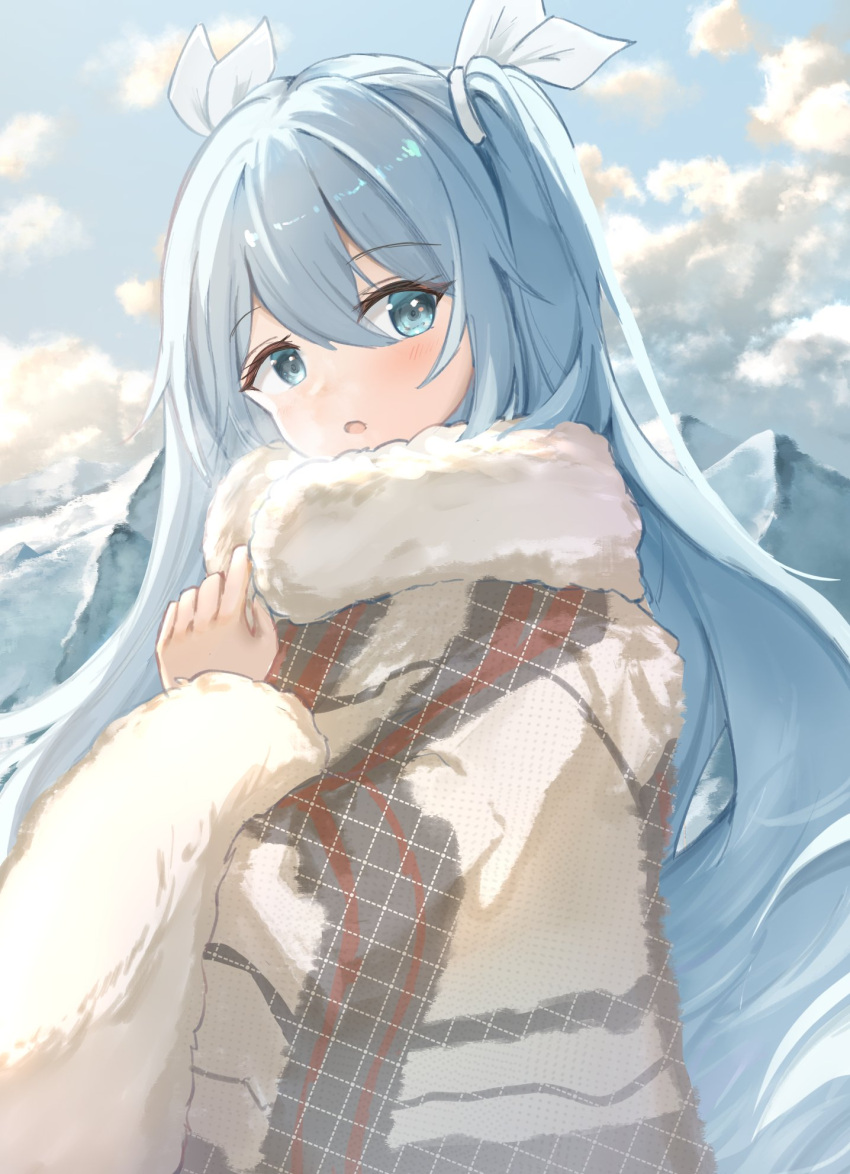 1girl :o blue_eyes blue_hair blue_sky blush ccharles801 clouds cloudy_sky day from_side grey_shawl hair_between_eyes hatsune_miku highres long_hair long_sleeves looking_at_viewer mountain open_mouth outdoors scarf shawl sidelocks sky solo twintails upper_body very_long_hair vocaloid white_scarf white_shawl