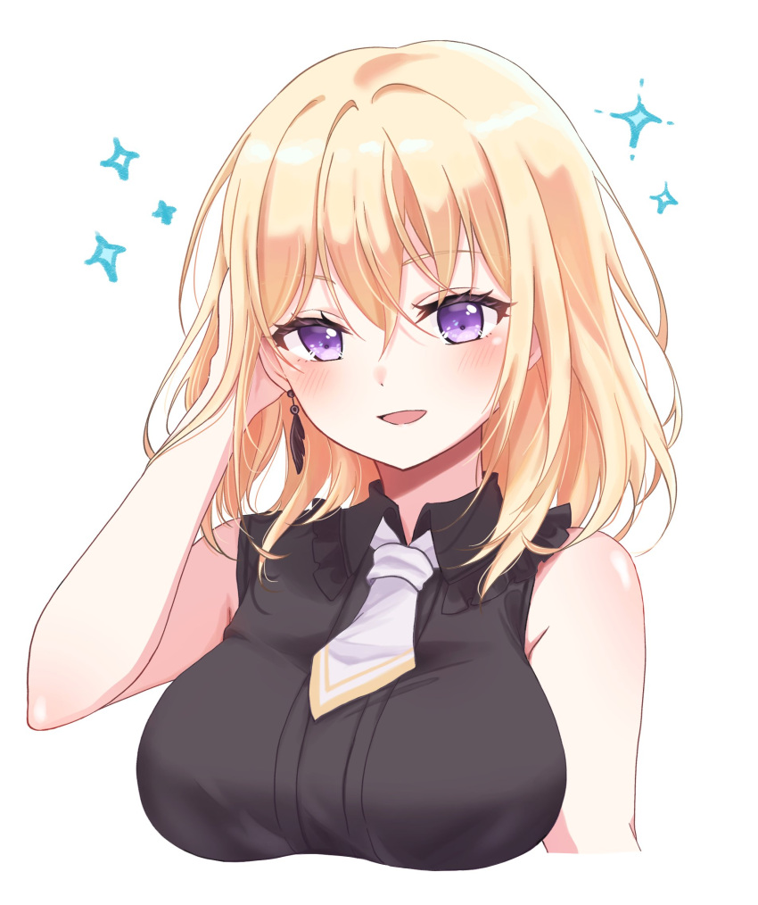 1girl adjusting_hair bang_dream! bang_dream!_it's_mygo!!!!! black_shirt blonde_hair blush breasts collared_shirt commentary cropped_arms earrings highres jewelry large_breasts looking_at_viewer medium_hair misumi_uika necktie portrait ppora shirt simple_background single_earring sleeveless sleeveless_shirt smile solo sparkle violet_eyes white_background white_necktie