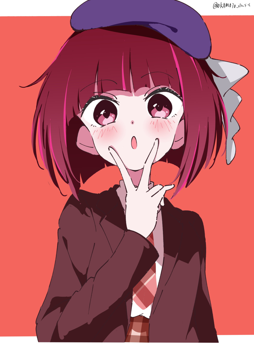 1girl absurdres arima_kana beret bob_cut brown_vest hat hat_ribbon highres inverted_bob looking_at_viewer open_mouth oshi_no_ko purple_headwear red_background red_eyes redhead ribbon short_hair simple_background solo upper_body v vest white_gorilla_(okamoto)