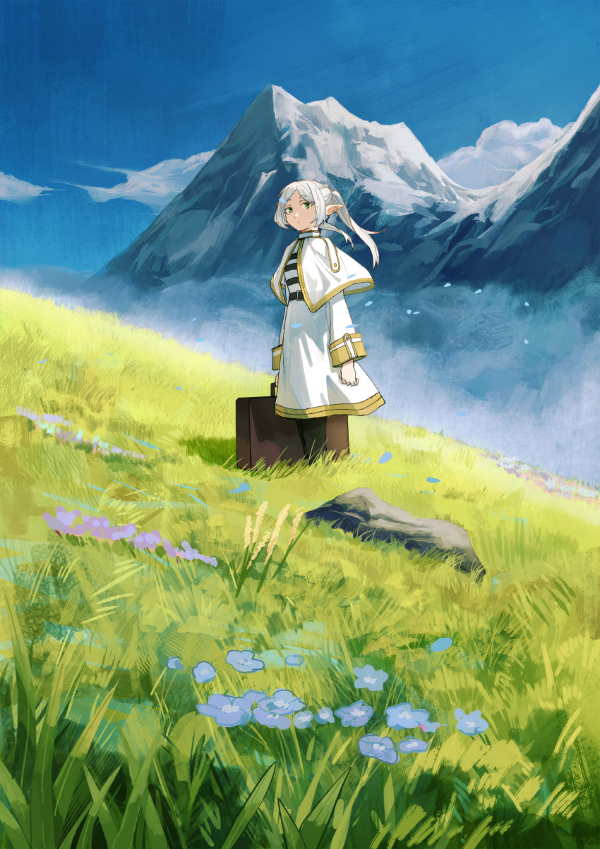 1girl absurdres black_pantyhose blue_flower blue_sky capelet clouds dress elf expressionless flower gold_trim grass green_eyes hashtag_only_commentary highres hill long_hair long_sleeves looking_at_viewer mountain mountainous_horizon outdoors pantyhose pointy_ears sky sleeve_cuffs solo sousou_no_frieren standing suitcase twintails white_capelet white_dress white_hair xiaomai_yorik