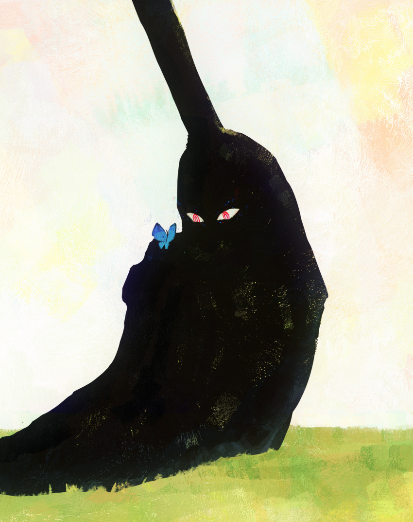 1boy album-aurum bug butterfly highres hugging_own_legs im_(one_piece) looking_at_animal no_mouth on_grass one_piece painting_(medium) red_eyes ringed_eyes silhouette sitting solo traditional_media watercolor_(medium)