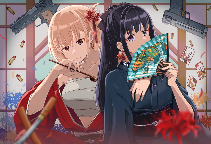 2girls absurdres bare_shoulders black_bow black_hair blonde_hair blue_kimono blurry bow breasts chai_haru closed_mouth collarbone commentary depth_of_field earrings flower flower_earrings gun hair_bow hair_flower hair_ornament hand_fan handgun highres holding holding_fan inoue_takina japanese_clothes jewelry kimono kiseru large_breasts long_hair looking_at_viewer lycoris_recoil midriff multiple_girls nishikigi_chisato obi ponytail red_eyes red_kimono sarashi sash short_hair sidelocks smoking_pipe spider_lily symbol-only_commentary violet_eyes weapon weapon_request