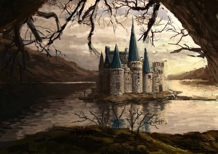 absurdres ame_sagari bare_tree blue_sky castle clouds cloudy_sky commentary fantasy highres lake no_humans original reflection reflective_water scenery sky sunset tree