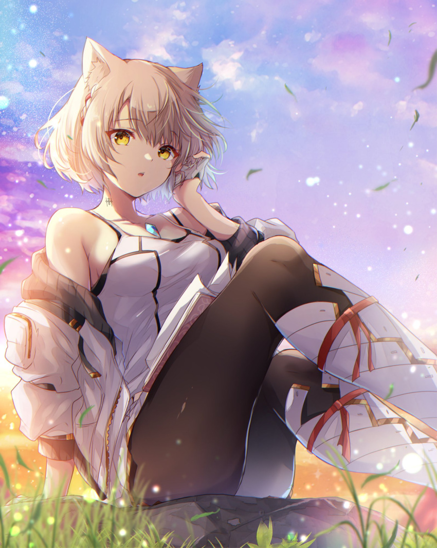 1girl :o animal_ear_fluff animal_ears bare_shoulders black_pantyhose blue_sky boots breasts cat_ears chest_jewel clouds commentary core_crystal_(xenoblade) day fingerless_gloves gloves grass grey_hair hair_between_eyes half_gloves highres jacket leaf long_sleeves medium_breasts mio_(xenoblade) neck_tattoo off_shoulder open_clothes open_jacket outdoors pantyhose short_hair sitting sky solo tattoo ui_frara white_footwear white_gloves white_jacket xenoblade_chronicles_(series) xenoblade_chronicles_3 yellow_eyes