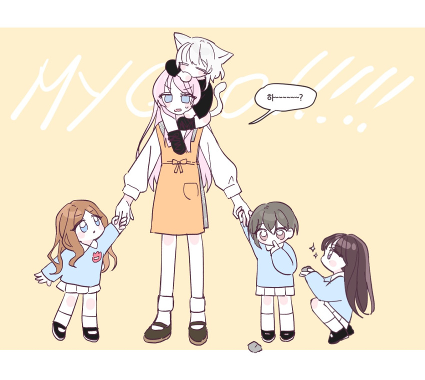 5girls =_= aged_down animal_ears apron bang_dream! bang_dream!_it's_mygo!!!!! black_shirt blue_eyes blue_sweater brown_hair carrying cat_ears cat_girl cat_tail chihaya_anon closed_eyes commentary dress grey_dress hair_between_eyes hashtag_only_commentary highres holding_hands jitome kaname_raana korean_text long_hair long_sleeves looking_at_another multiple_girls mygo!!!!!_(bang_dream!) nagasaki_soyo open_mouth orange_apron pinafore_dress pink_hair pleated_skirt ra661t shiina_taki shirt short_hair shoulder_carry sidelocks skirt sleeveless sleeveless_dress sleeves_past_fingers sleeves_past_wrists sparkle speech_bubble sweatdrop sweater tail takamatsu_tomori translation_request white_hair white_shirt white_skirt