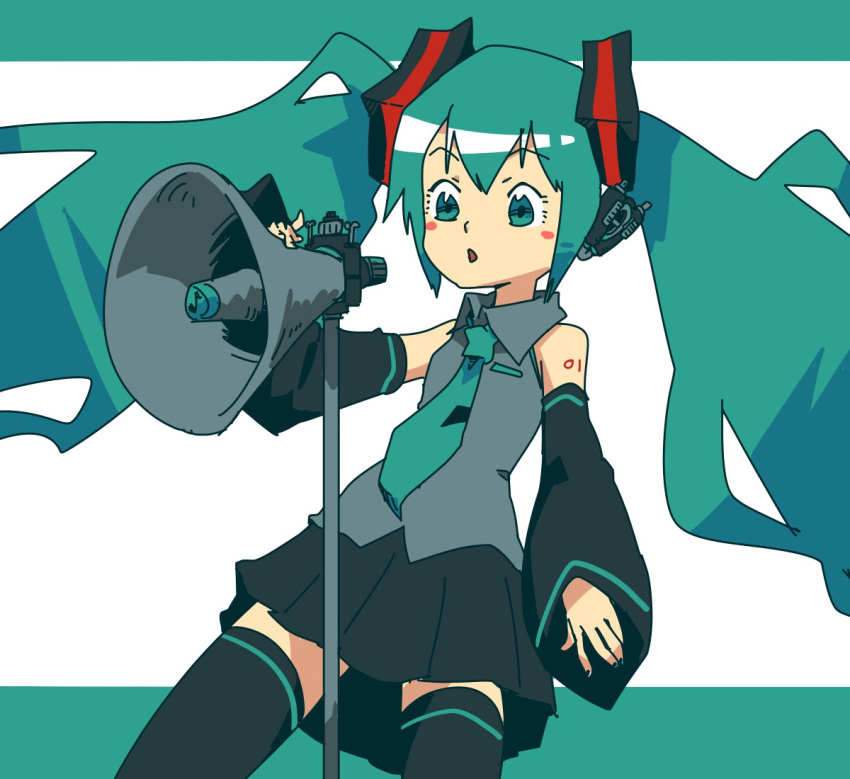 1girl aqua_eyes aqua_hair aqua_necktie bare_shoulders black_footwear black_skirt blush_stickers boots bozo_(nok-peg) commentary detached_sleeves grey_shirt hatsune_miku headset long_hair looking_to_the_side musical_note necktie open_mouth pleated_skirt shirt shoulder_tattoo skirt sleeveless sleeveless_shirt solo speaker tattoo thigh_boots very_long_hair vocaloid