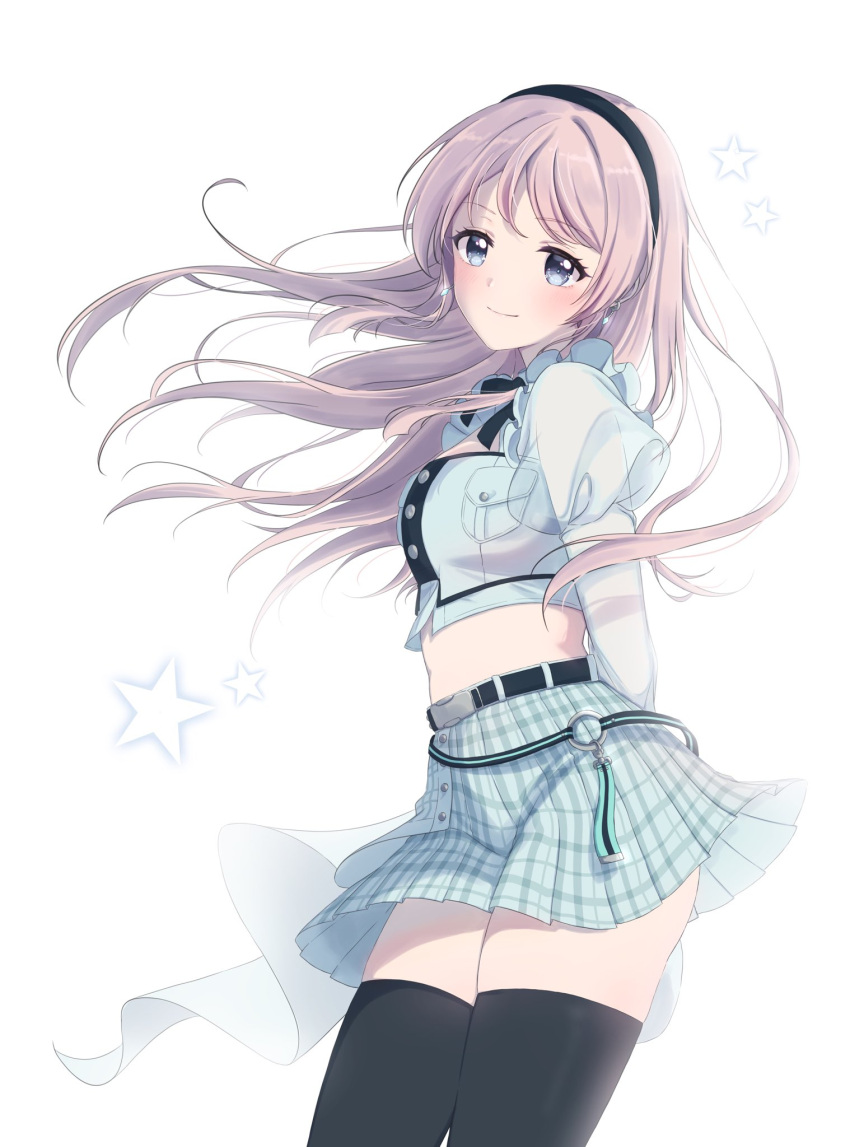 1girl arms_behind_back bang_dream! bang_dream!_it's_mygo!!!!! belt black_hairband black_ribbon black_thighhighs blush breast_pocket breasts buttons chihaya_anon cowboy_shot earrings floating_hair frills grey_hair hairband highres jewelry long_hair long_sleeves looking_at_viewer midriff no_navel pink_hair pleated_skirt pocket ppora ribbon see-through see-through_sleeves shirt skirt smile solo star_(symbol) thigh-highs white_background white_shirt white_skirt