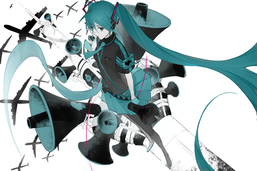 1girl absurdres aircraft airplane belt black_shirt black_thighhighs blue_eyes blue_hair blue_necktie blue_skirt closed_mouth collared_shirt dutch_angle expressionless floating_hair foreshortening from_side full_body hatsune_miku highres holding holding_megaphone horn_speaker koi_wa_sensou_(vocaloid) limited_palette long_hair looking_at_viewer loose_belt megaphone miniskirt necktie oneselt pleated_skirt shirt short_sleeves sideways_glance skirt solo thigh-highs twintails utility_pole very_long_hair vocaloid
