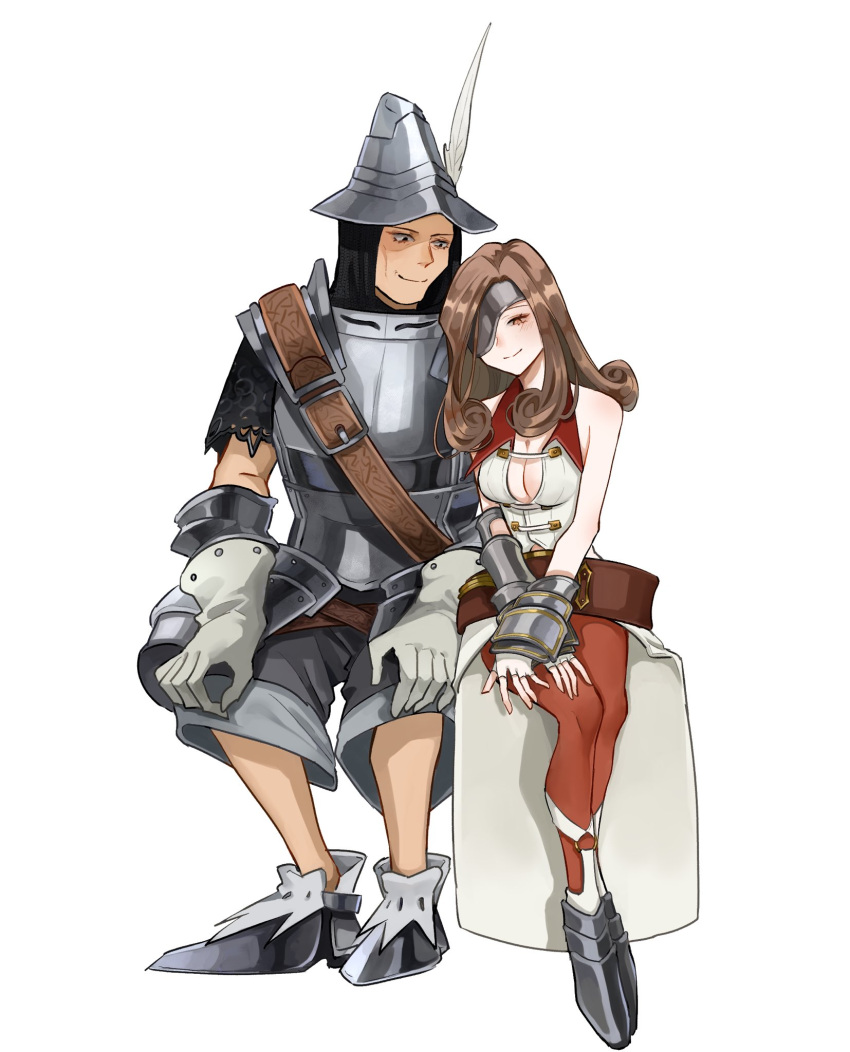 1boy 1girl adelbert_steiner age_difference arm_armor armor beatrix_(ff9) black_eyes blush brown_hair center_opening coat collared_vest couple crossed_wrists cuirass curly_hair eyepatch faulds final_fantasy final_fantasy_ix fingerless_gloves full_body gloves hands_on_lap happy hat_feather hetero highres invisible_chair leaning_on_person leather_belt looking_down morion nodoka0707 pantyhose red_pantyhose sabaton short_sleeves shorts shoulder_belt simple_background sitting sleeveless_duster smile vambraces vest white_background white_coat white_gloves yellow_eyes