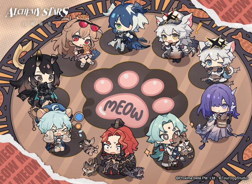 &gt;_&lt; 3boys 6+girls alchemy_stars animal animal_ears basket black_hair blue_eyes blue_hair blush broken_horn brown_eyes brown_hair brown_sweater cat cat_ears cat_tail chibi copyright_name dress drooling eating eyepatch fish green_eyes hair_over_one_eye hat highres holding holding_animal holding_basket holding_cat horns liqing_(alchemy_stars) looking_at_another looking_at_viewer military_hat mu_yuebai_(alchemy_stars) multicolored_hair multiple_boys multiple_girls official_art paw_print philyshy_(alchemy_stars) purple_dress purple_hair red-tinted_eyewear red_eyes redhead ruby_(alchemy_stars) sariel_(alchemy_stars) school_uniform second-party_source sharona_(alchemy_stars) sitting sparkling_eyes sunglasses sweater tail tinted_eyewear two-tone_hair vergil_(alchemy_stars) violet_eyes white_hair wide-eyed yellow_eyes yumi_(alchemy_stars) zhong_xu_(alchemy_stars)