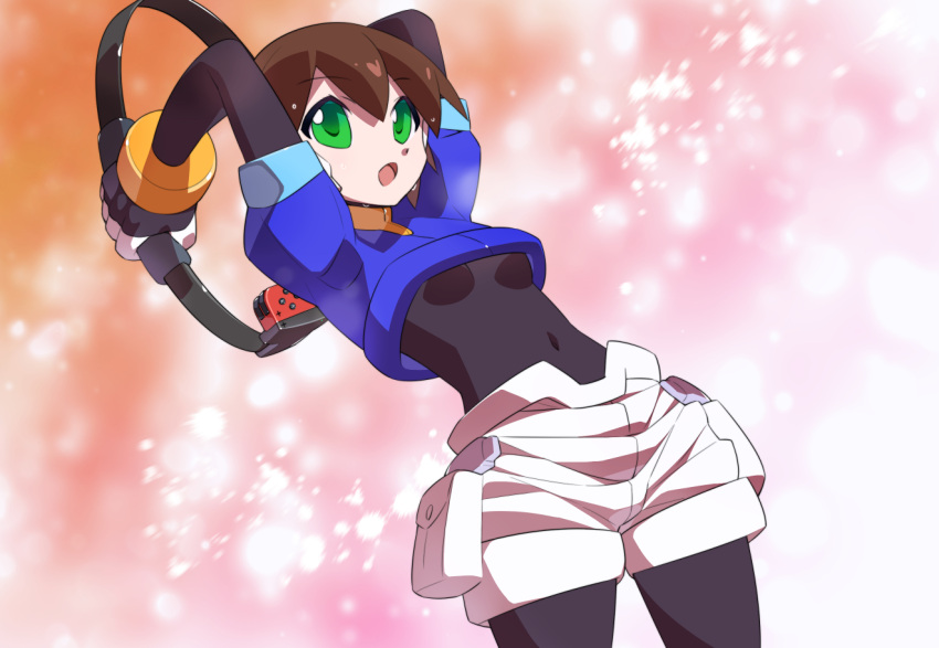 1girl aile_(mega_man_zx) armor arms_behind_head black_bodysuit blue_jacket bodysuit bodysuit_under_clothes brown_hair commentary_request covered_navel cropped_jacket green_eyes jacket joy-con kaidou_zx mega_man_(series) mega_man_zx ring_fit_adventure robot_ears short_hair shorts solo sweat variant_set white_shorts
