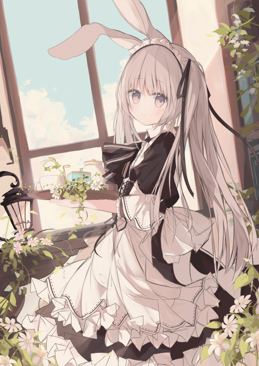 1girl animal_ears apron black_dress blue_sky brown_eyes closed_mouth clouds commentary_request cup dress flower frilled_apron frills from_side grey_hair highres holding holding_tray indoors kushida_you lantern long_hair maid maid_headdress original puffy_short_sleeves puffy_sleeves rabbit_ears short_sleeves sky solo teacup teapot tray twintails very_long_hair white_apron white_flower window