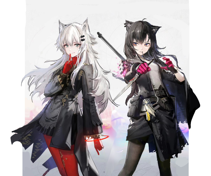 2girls absurdres animal_ear_piercing arknights armor belt black_belt black_coat black_dress black_gloves black_hair black_jacket black_pantyhose black_skirt chinese_commentary closed_mouth coat commentary_request cowboy_shot dagger dress expressionless finger_to_mouth food gloves grey_eyes hair_ornament hairclip hands_up highres holding holding_dagger holding_knife holding_weapon index_finger_raised jacket jewelry knife lappland_(arknights) light_smile long_hair long_sleeves looking_at_another looking_at_viewer magic mouth_hold multiple_girls open_clothes open_coat open_jacket orange_eyes pantyhose pink_gloves pocky pouch red_gloves red_pantyhose ring scar scar_across_eye shirt short_dress sideways_glance sketch skirt standing sword sword_on_back texas_(arknights) torn_clothes torn_skirt u8354 unfinished weapon weapon_on_back white_hair white_shirt wolf_girl zipper