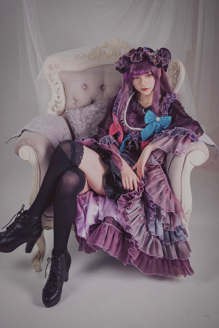 1girl absurdres adapted_costume black_footwear bow chair cosplay_photo crescent crescent_hat_ornament crossed_legs dress frilled_dress frilled_hat frilled_skirt frilled_sleeves frills hair_bow hair_ornament hat hat_ornament highres long_hair mob_cap on_chair patchouli_knowledge photo_(medium) purple_dress purple_hair skirt solo tartetatin0516 thigh-highs touhou violet_eyes white_background