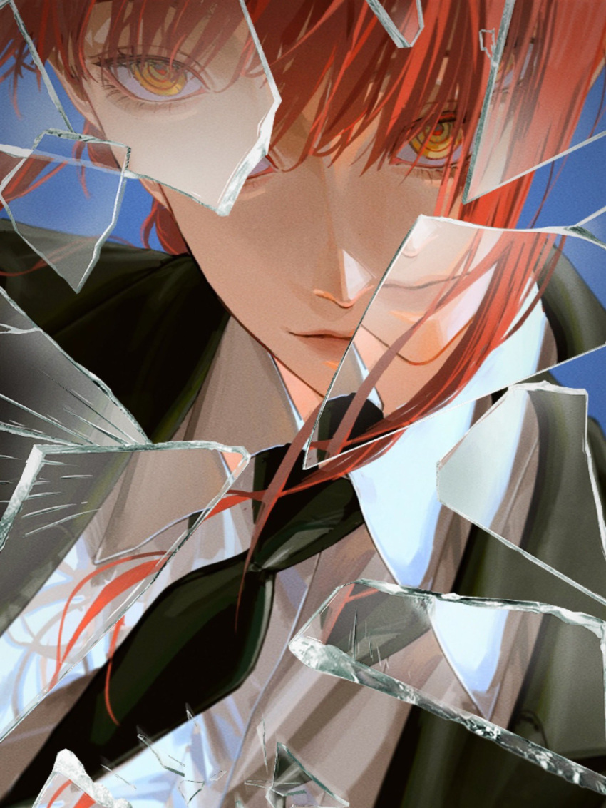 1girl black_jacket black_necktie broken_glass business_suit chainsaw_man closed_mouth collared_shirt formal glass highres iamthekingofegg jacket long_hair looking_at_viewer makima_(chainsaw_man) necktie open_clothes open_jacket redhead ringed_eyes shirt solo suit white_shirt yellow_eyes