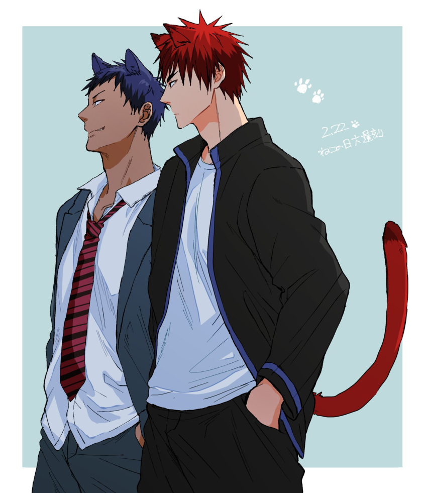 2boys animal_ears aomine_daiki black_jacket blue_background blue_hair blue_jacket border cat_boy cat_ears cat_tail closed_mouth colorpanther cowboy_shot hands_in_pockets highres jacket kagami_taiga kuroko_no_basuke male_focus multiple_boys necktie paw_print paw_print_background red_necktie redhead school_uniform shirt short_hair tail translation_request white_border white_shirt