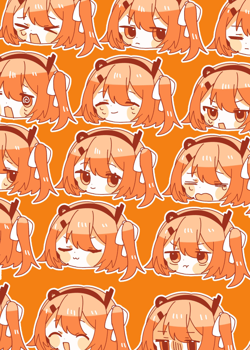 &gt;_&lt; 1girl :3 =_= ^_^ a.i._voice absurdres adachi_rei blush_stickers chibi closed_eyes closed_mouth crying expressions frown furrowed_brow gloom_(expression) hair_ornament hair_ribbon hairclip head_only highres multiple_views one_side_up open_mouth orange_background orange_eyes orange_hair orange_theme outline pout radio_antenna ribbon sad_smile smile smug sweatdrop tearing_up uryuta utau v-shaped_eyebrows white_outline white_ribbon