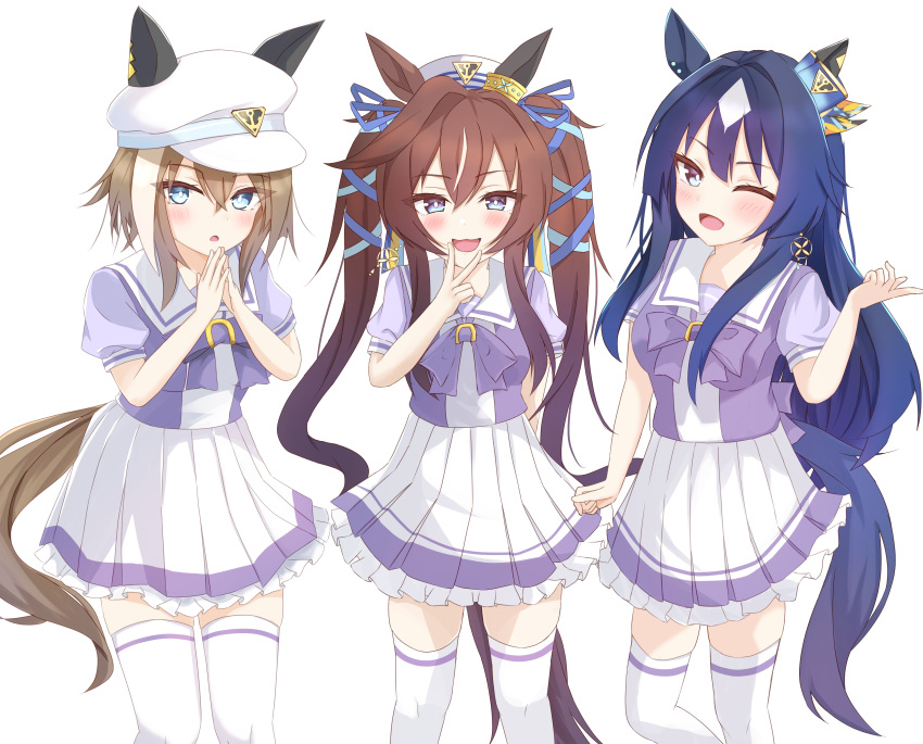 1girl absurdres animal_ears blue_eyes blue_hair breasts brown_hair cheval_grand_(umamusume) dark_blue_hair earrings hair_between_eyes hair_ornament hat highres horse_ears horse_girl horse_tail jewelry kudo_(user_dzch8572) long_hair looking_at_viewer medium_breasts mole mole_under_eye one_eye_closed own_hands_together ribbon school_uniform siblings simple_background single_earring sisters tail thigh-highs umamusume v v_sisters verxina_(umamusume) vivlos_(umamusume) white_background