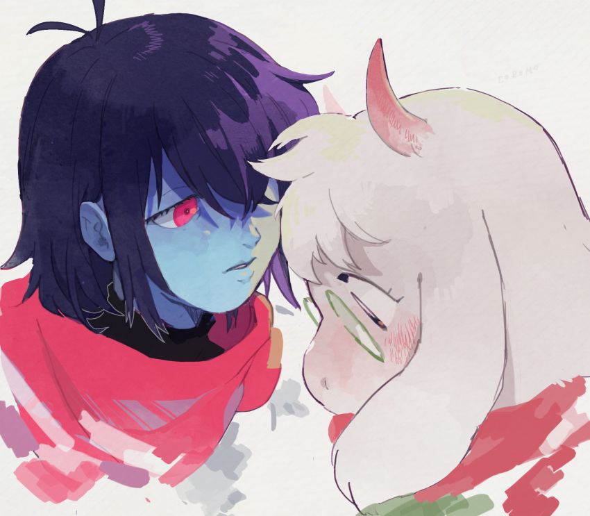 1boy 1other androgynous animal_ears antenna_hair blue_hair blue_skin blush body_fur colored_skin corogarucoromo covered_mouth crossed_bangs deltarune from_side furry furry_male glasses goat_boy goat_ears goat_horns green-framed_eyewear highres horns kris_(deltarune) looking_at_another one_eye_covered otoko_no_ko parted_lips pink_eyes pink_scarf portrait ralsei round_eyewear scarf short_hair simple_background white_background white_fur wide-eyed