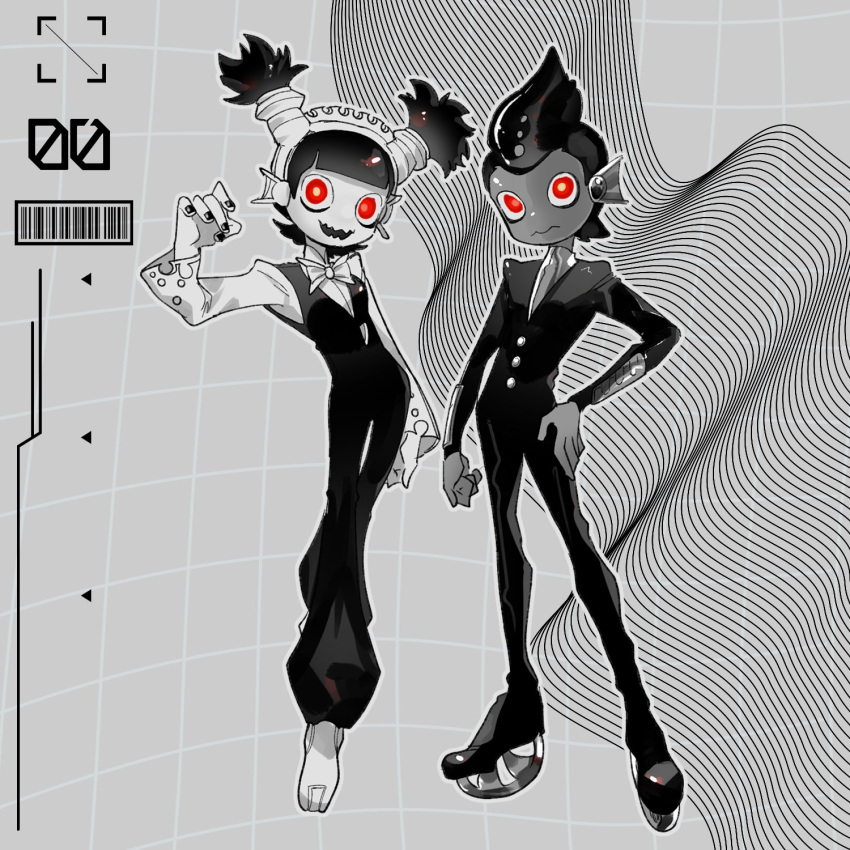 1boy 1girl arm_at_side arms_at_sides barcode bell-bottoms black_hair black_nails black_pants black_suit black_vest blunt_bangs bow bowtie closed_mouth dark-skinned_male dark_skin dress_shirt fins full_body glowing glowing_eyes grey_background grid_background hair_slicked_back hand_on_own_hip hand_up head_fins headdress highres inline_skates jelleton long_sleeves looking_at_viewer medium_hair nail_polish open_mouth ore_is_xtai outline pants personification red_eyes roller_skates shirt short_hair short_twintails skates splatoon_(series) splatoon_3 splatoon_3:_side_order standing straight_hair suit torn_clothes torn_sleeves twintails vest wavy_mouth white_bow white_bowtie white_footwear white_outline white_shirt