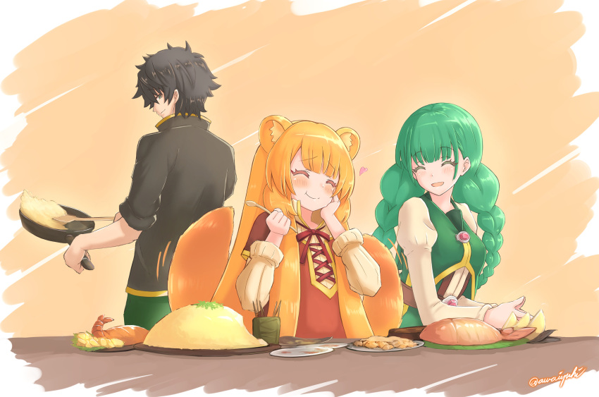 1boy 2girls ^_^ animal_ear_fluff animal_ears artist_name awaiyuhi belt black_hair black_jacket blush braid brown_belt closed_eyes closed_mouth commentary_request cooking dress eating food_request frying_pan gem green_dress green_eyes green_hair green_pants hand_on_own_face heart high_collar highres holding holding_frying_pan holding_spatula holding_spoon iwatani_naofumi jacket light_smile long_hair long_sleeves looking_at_another looking_back low_twintails multiple_girls neck_ribbon open_mouth orange_hair pants raccoon_ears raccoon_girl raccoon_tail raphtalia red_dress red_gemstone red_ribbon ribbon rishia_ivyred short_hair sitting sleeves_rolled_up smile spatula spoon standing tail tail_wagging tate_no_yuusha_no_nariagari twin_braids twintails twitter_username upper_body white_dress yellow_background
