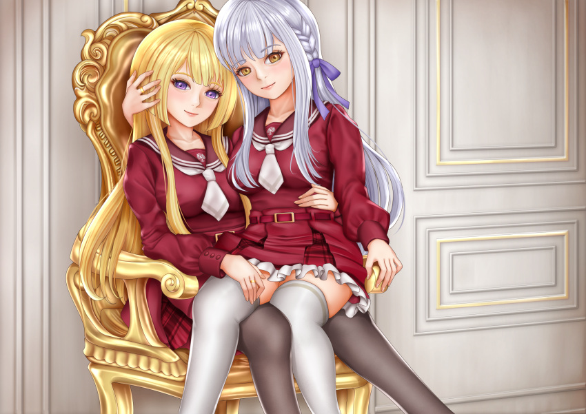 2girls arm_around_shoulder armchair assault_lily belt belt_buckle blonde_hair blunt_bangs braid breasts brown_pantyhose brown_sailor_collar buckle chair closed_mouth commentary_request feet_out_of_frame fingernails food food_on_face frilled_skirt frills girl_on_top grey_hair hair_ribbon hand_on_another's_cheek hand_on_another's_face hand_on_another's_thigh hand_on_another's_waist hand_up heads_together high-waist_skirt highres imai_tomohiro indoors jewelry kanba_girls_high_school_uniform kon_kanaho light_smile long_hair long_sleeves looking_at_viewer medium_breasts miniskirt miyagawa_takane multiple_girls necktie on_chair pantyhose purple_ribbon red_belt red_skirt ribbon ring sailor_collar school_uniform serafuku short_necktie side_braid sidelocks sitting sitting_on_lap sitting_on_person skirt thigh-highs very_long_hair violet_eyes white_necktie white_thighhighs yellow_eyes yuri