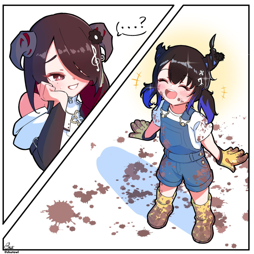 2girls aged_down asymmetrical_horns black_hair blue_hair blue_overalls blush boots closed_eyes closed_mouth colored_inner_hair demon_horns dirt_on_face dirty dirty_clothes gloves hair_over_one_eye highres hololive hololive_english horns mamarissa mole mole_under_eye mother_and_daughter multicolored_hair multiple_girls nerissa_ravencroft open_mouth overalls redhead shirt shutowl smile teeth twintails upper_teeth_only virtual_youtuber white_shirt yellow_footwear yellow_gloves