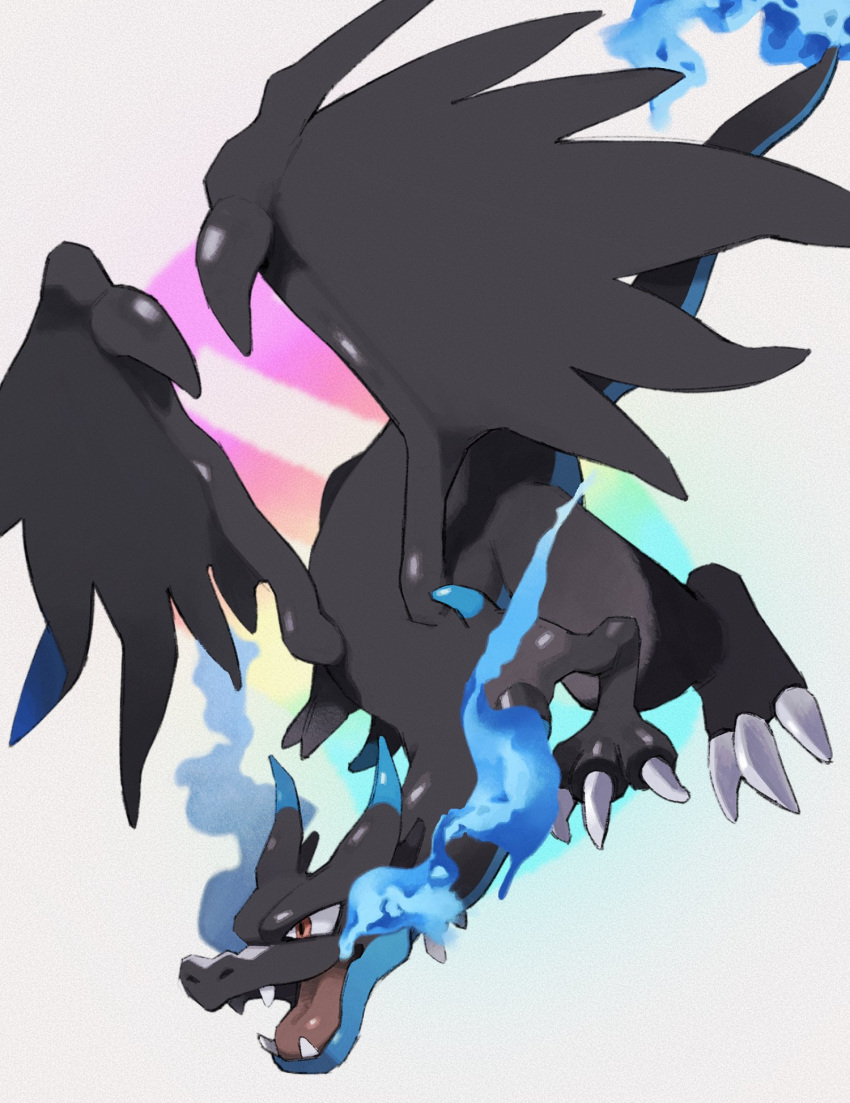 blue_fire breath_weapon breathing_fire charizard claws commentary fangs fire flame-tipped_tail gogot highres mega_charizard_x no_humans open_mouth pokemon pokemon_(creature) solo tongue