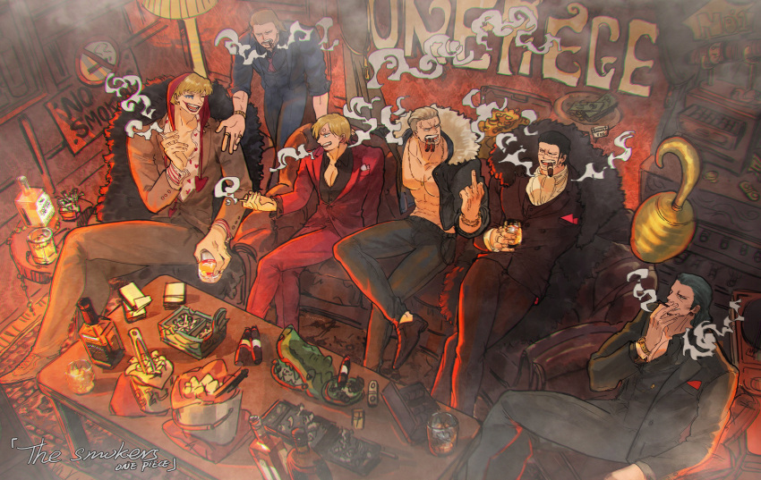 6+boys absurdres alcohol ascot black_coat black_hair black_shirt blonde_hair character_name cigar cigarette closed_eyes closed_mouth coat copyright_name couch crocodile_(one_piece) crossed_legs cup donquixote_rocinante drinking_glass english_commentary english_text fur_trim highres holding holding_cigarette holding_cup hook_hand ice_bucket indoors jewelry makeup male_focus mcbuckwheat middle_finger money multiple_boys multiple_rings muscular muscular_male necktie on_couch one_piece open_clothes open_mouth paulie red_necktie red_suit ring sanji_(one_piece) scar scar_on_face shirt short_hair sitting smile smoke smoker_(one_piece) suit table teeth watch watch whiskey white_ascot