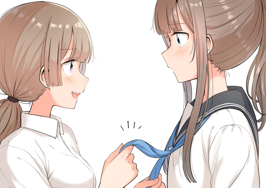 2girls betock blue_eyes blue_neckerchief blue_sailor_collar blush breasts brown_hair closed_mouth collared_shirt commentary_request dress_shirt flat_chest highres lone_nape_hair long_hair looking_at_another low_ponytail medium_breasts multiple_girls neckerchief open_mouth original ponytail sailor_collar school_uniform serafuku shirt sidelocks simple_background teeth undone_neckerchief upper_body upper_teeth_only violet_eyes white_background white_shirt