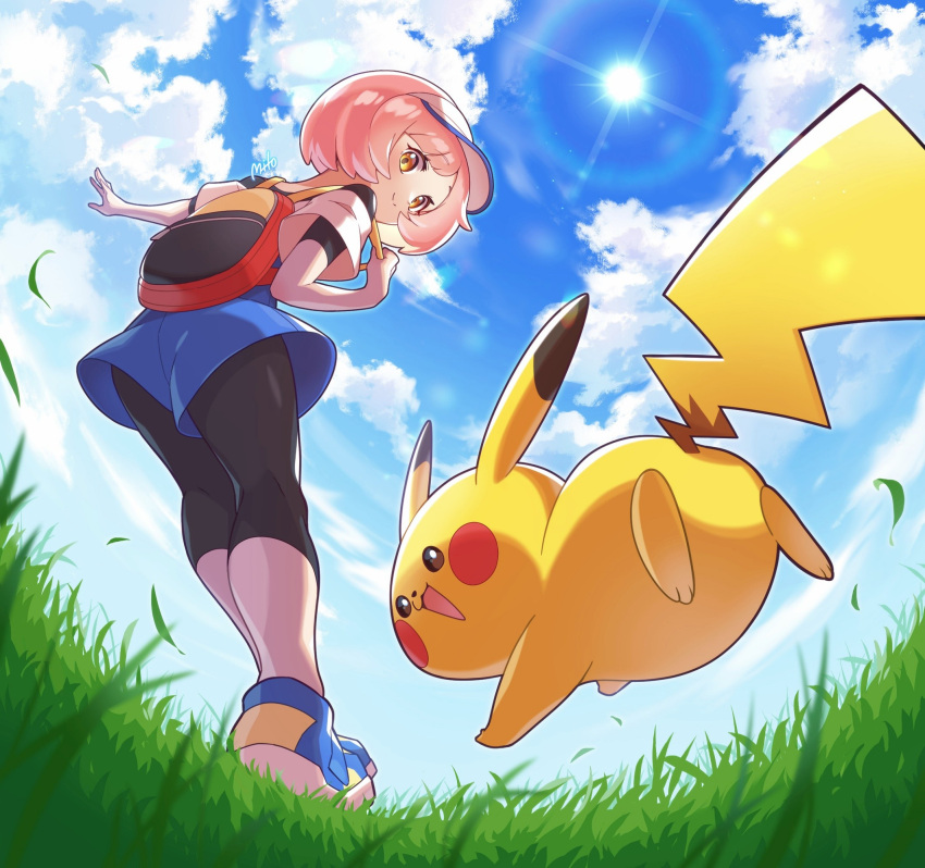 1girl backpack bag bettie_(pokemon) black_leggings blue_footwear blue_shorts closed_mouth clouds day falling_leaves from_below grass hanamori_mito highres holding_strap leaf leggings looking_down off-shoulder_shirt off_shoulder outdoors pikachu pink_hair pokemon pokemon_(creature) pokemon_masters_ex red_bag shirt shoes short_hair shorts sky smile undershirt visor_cap white_headwear white_shirt yellow_eyes