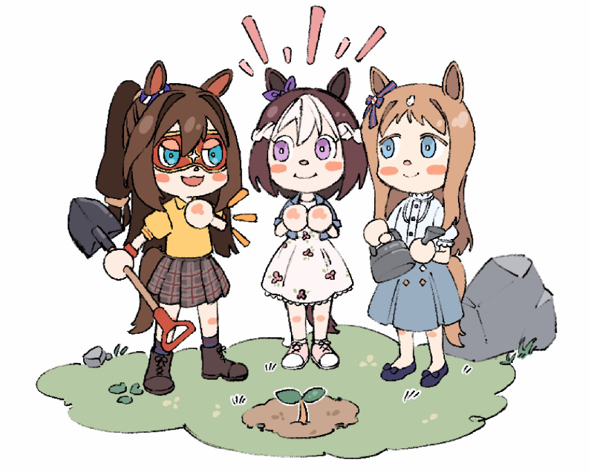 3girls animal_crossing animal_ears aqua_eyes blue_eyes blue_footwear blue_jacket blue_skirt blush_stickers boots bow brown_hair closed_mouth domino_mask dress ear_bow el_condor_pasa_(umamusume) flats full_body grass_wonder_(umamusume) hand_on_own_hip highres holding holding_shovel horse_ears horse_girl horse_tail jacket long_hair looking_at_another mask multiple_girls oo_sungnim open_mouth ponytail rock shirt shoes short_hair shovel skirt smile special_week_(umamusume) sprout standing tail umamusume violet_eyes watering_can white_background white_dress white_footwear white_shirt yellow_shirt