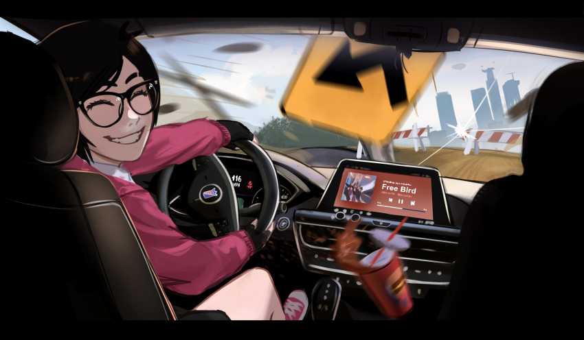 1girl ^_^ absurdres black-framed_eyewear black_eyes black_hair building car car_interior cardigan city cityscape closed_eyes collar cup disposable_cup driving fingerless_gloves glasses gloves grand_theft_auto grand_theft_auto_v grin happy highres looking_back motion_blur motor_vehicle original pink_cardigan pov road_sign roadblock short_hair sign skyscraper smile solo steering_wheel teeth vehicle_interior veyonis white_collar