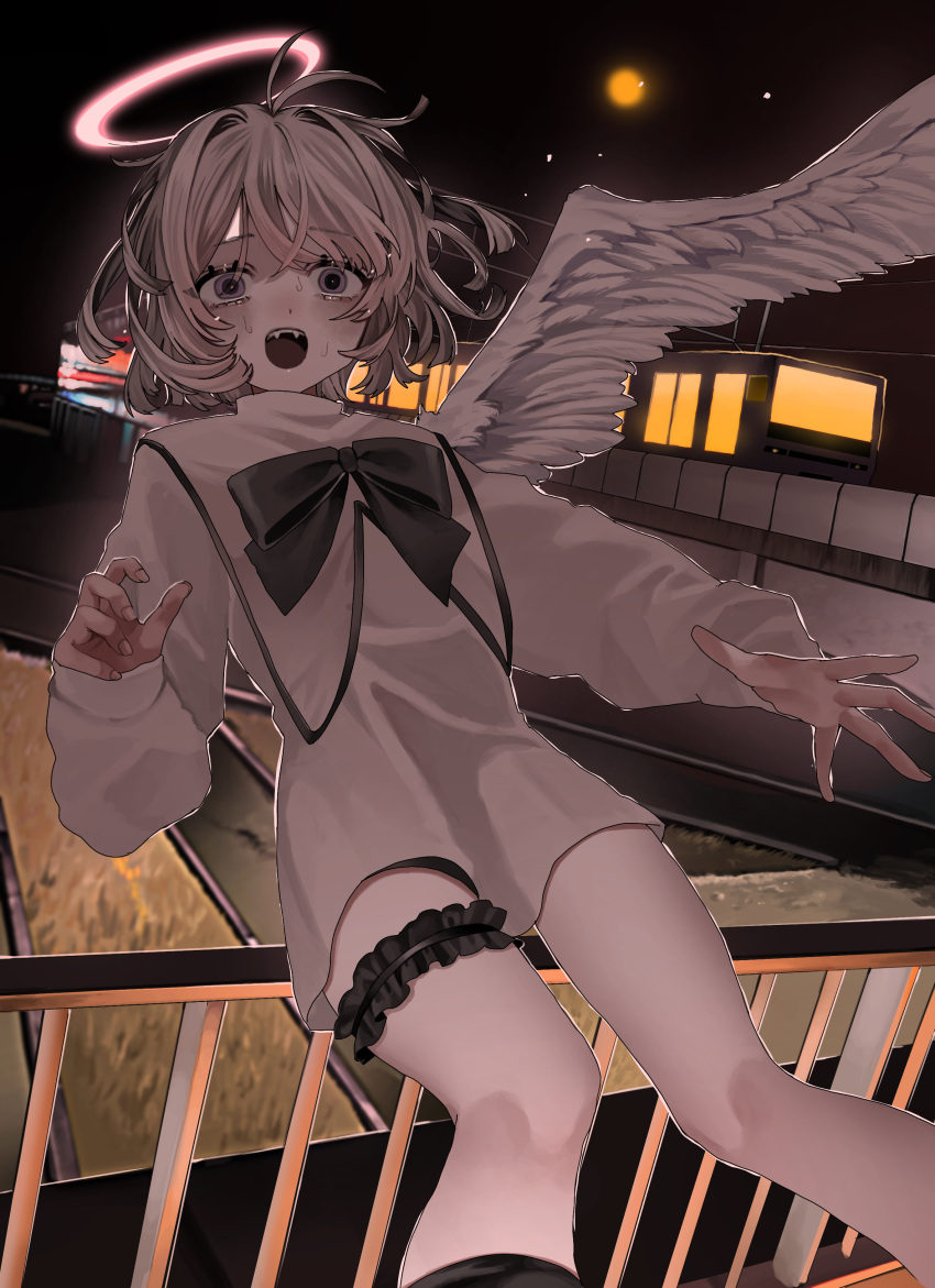 absurdres angel_wings black_bow black_bowtie bow bowtie commentary_request falling fangs fence green_eyes halo hanataro_(sruvhqkehy1zied) highres long_sleeves looking_at_viewer messy_hair nervous_sweating open_mouth original overhead_line railing shirt short_hair sweat thigh_strap train upper_body white_shirt wings