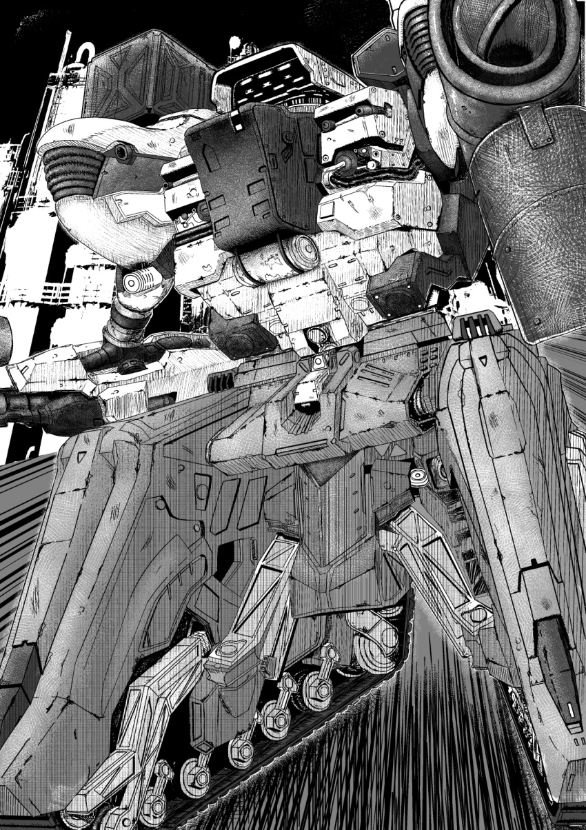 armored_core armored_core_6 caterpillar_tracks chatty_stick greyscale gun highres holding holding_gun holding_weapon inora_(user_wsgk7323) mecha monochrome no_humans robot rocket_launcher weapon