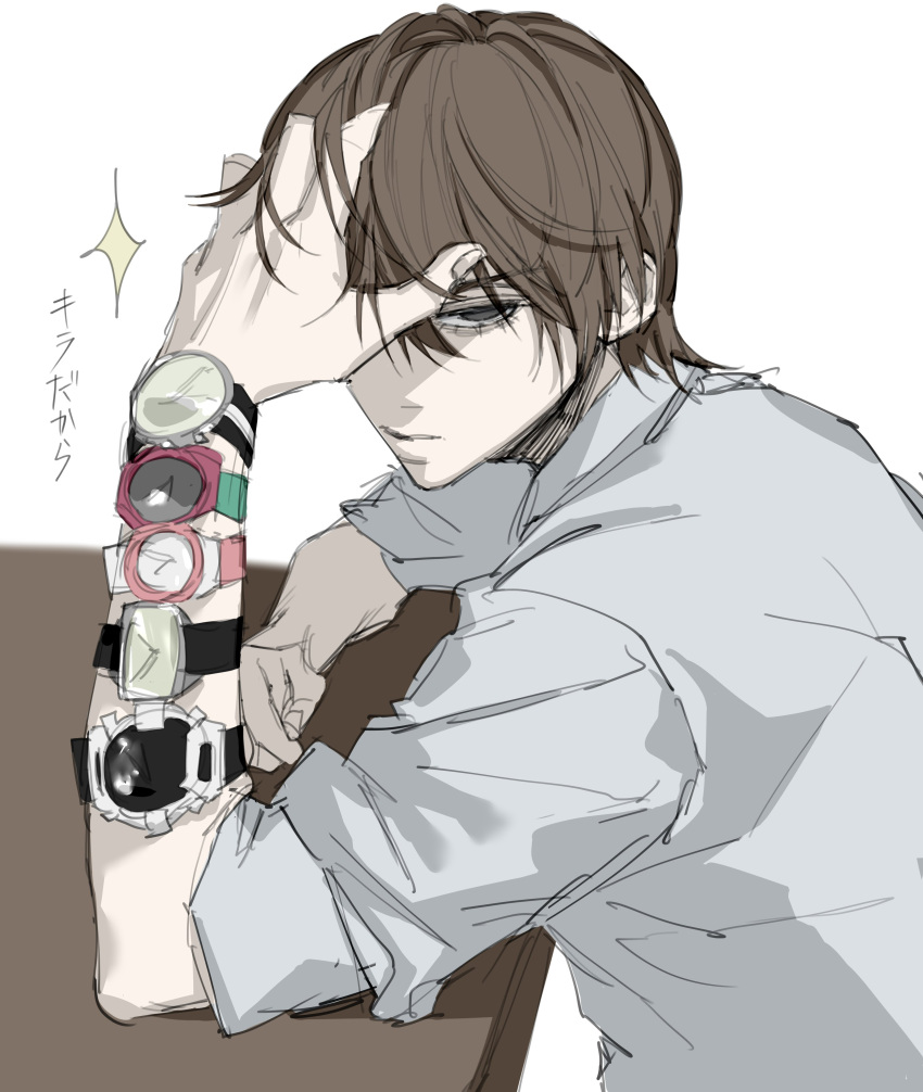1boy absurdres black_eyes brown_hair closed_mouth death_note derivative_work falsa_azu grey_shirt hand_in_own_hair hand_on_own_head highres looking_at_viewer male_focus multiple_wristwatches sanpaku shirt short_hair simple_background sketch solo sparkle table too_many_wristwatches upper_body watch watch white_background yagami_light