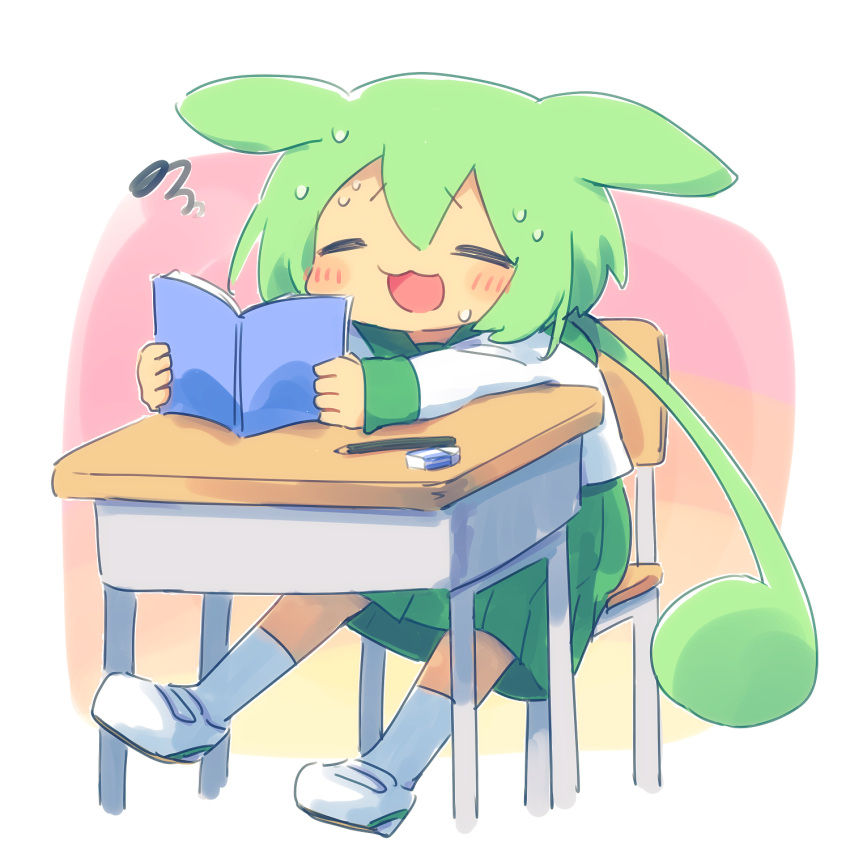 1girl :3 animal_ears ayakashi_(monkeypanch) blush_stickers book closed_eyes commentary desk double-parted_bangs ears_down eraser full_body furrowed_brow gradient_background green_hair green_skirt highres holding holding_book loafers long_hair long_sleeves low_ponytail no_nose open_mouth pencil pleated_skirt school_desk school_uniform serafuku shirt shoes sitting skirt smile socks solo squiggle stretched_limb studying sweat very_long_hair voiceroid voicevox white_background white_footwear white_shirt white_socks winter_uniform zundamon