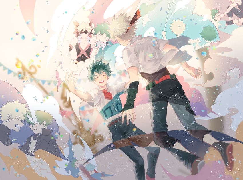 2boys ^_^ abstract_background absurdres age_progression aged_down angry aqua_bodysuit arm_grab bakugou_katsuki bare_shoulders belt belt_buckle black_jacket black_mask black_pants black_shirt black_tank_top blonde_hair blue_pants blue_shirt blurry blurry_background blurry_foreground blush boku_no_hero_academia brown_belt brown_shorts bruise bruise_on_arm buckle butterfly_net buttons child clenched_teeth closed_eyes closed_mouth clothes_grab clouds collared_shirt colored_shoe_soles commentary confetti detached_sleeves eye_mask face-to-face facing_another falling feet_out_of_frame floating_clothes freckles gakuran gloves green_gloves green_hair hand_net hand_on_another's_hand hand_on_another's_mouth hand_up hands_up happy headgear high_collar highres holding holding_butterfly_net injury jacket jacket_grab leaning_forward male_focus mask mask_around_neck mawaru_(ajan) midair midoriya_izuku mouth_mask multiple_boys necktie no_eyes no_mouth open_clothes open_collar open_mouth open_shirt orange_gloves outstretched_arms pants popped_collar red_necktie remembering revealing_layer round_teeth scar scar_on_hand scared school_uniform scowl scratches shirt shoe_soles short_hair short_sleeves shorts side-by-side sideways_mouth sleeveless smile smoke spiky_hair spoilers spread_arms string_of_flags summer_uniform sweatdrop t-shirt tank_top teeth topless_male torn_clothes two-tone_gloves u.a._school_uniform upper_teeth_only v-neck wavy_mouth white_gloves white_shirt wrist_guards x