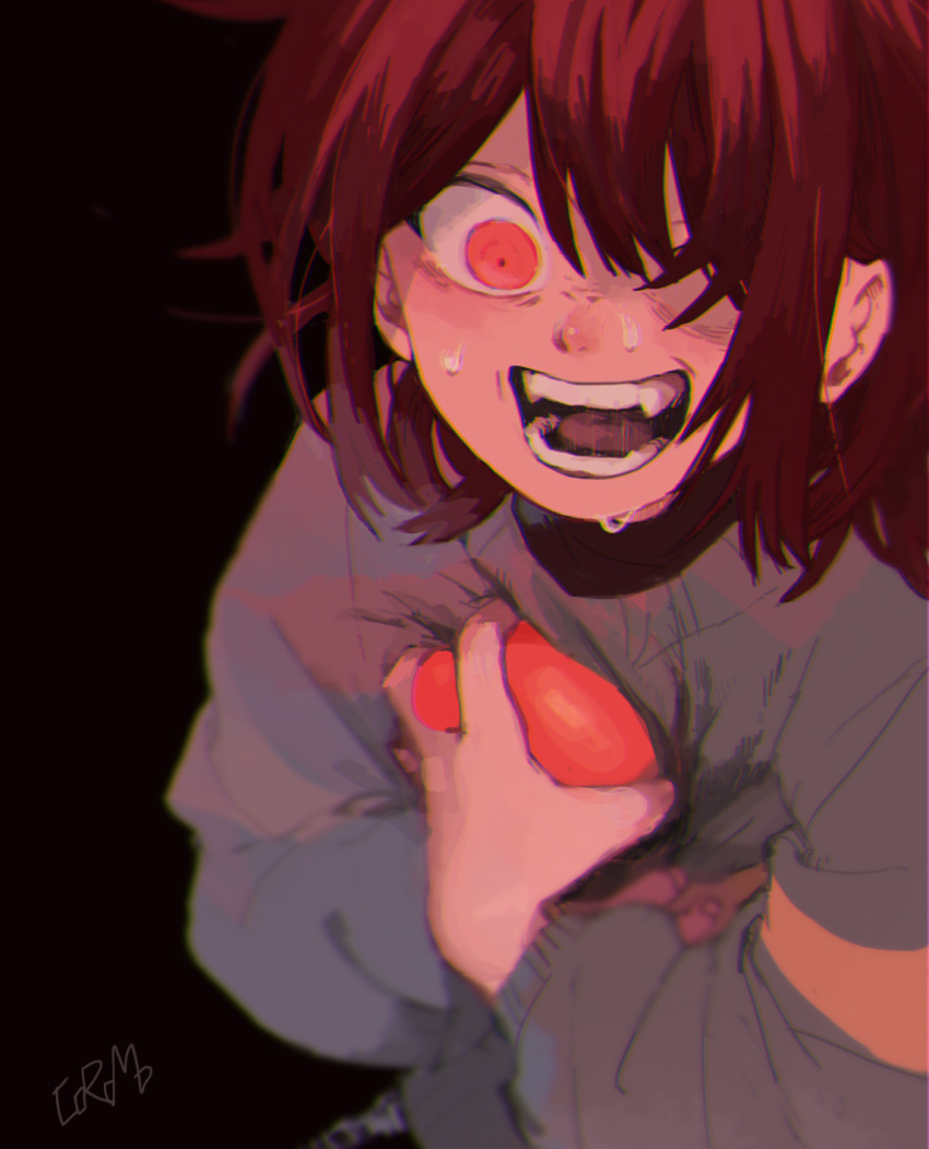 1other androgynous brown_background brown_hair child constricted_pupils corogarucoromo deltarune grey_sweater hair_over_one_eye hands_on_own_chest heart highres holding holding_heart kris_(deltarune) long_sleeves open_mouth other_focus red_eyes short_hair signature simple_background solo sweat sweater teeth upper_body wide-eyed