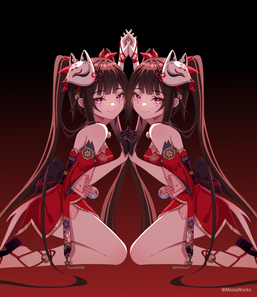 2girls bare_shoulders black_gloves bow brown_hair clone closed_mouth dress fox_mask from_side full_body gloves hair_bow highres holding_hands honkai:_star_rail honkai_(series) legs_together long_bangs long_hair looking_at_viewer mask mask_on_head miaotai_miota multiple_girls pelvic_curtain pink_eyes red_background red_bow red_dress sandals short_dress sidelocks simple_background single_glove sleeveless sleeveless_dress smile sparkle_(honkai:_star_rail) thighs twintails very_long_hair