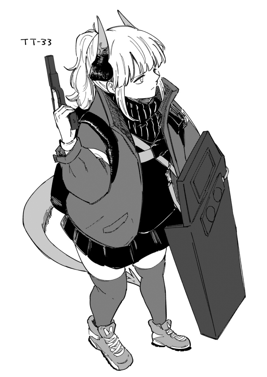 1girl arknights backpack bag ballistic_shield closed_mouth collared_jacket commentary_request dragon_girl dragon_horns dragon_tail from_above full_body greyscale gun hand_up handgun haruichi_(sazanami_complex) hatching_(texture) high_collar highres holding holding_gun holding_weapon horns jacket linear_hatching liskarm_(arknights) long_sleeves looking_ahead medium_hair miniskirt monochrome open_clothes open_jacket pleated_skirt ponytail scarf serious shield shoes simple_background skirt sneakers solo standing strap sweater tail thigh-highs trigger_discipline weapon white_background