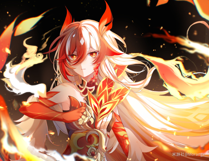 1girl animal_hands artist_name bare_shoulders black_sports_bra breasts chinese_clothes chinese_text claws closed_mouth detached_sleeves elbow_gloves embers eyeliner fire fu_hua fu_hua_(fenghuang_of_vicissitude) gloves gradient_background hair_between_eyes honkai_(series) honkai_impact_3rd long_hair looking_at_viewer makeup mangzhi_yaoyao multicolored_hair official_alternate_hairstyle red_eyeliner red_eyes red_gloves red_rope red_scales redhead rope shadow simplified_chinese_text small_breasts solo sports_bra sportswear streaked_hair symbol-shaped_pupils two-tone_hair upper_body white_hair yellow_pupils