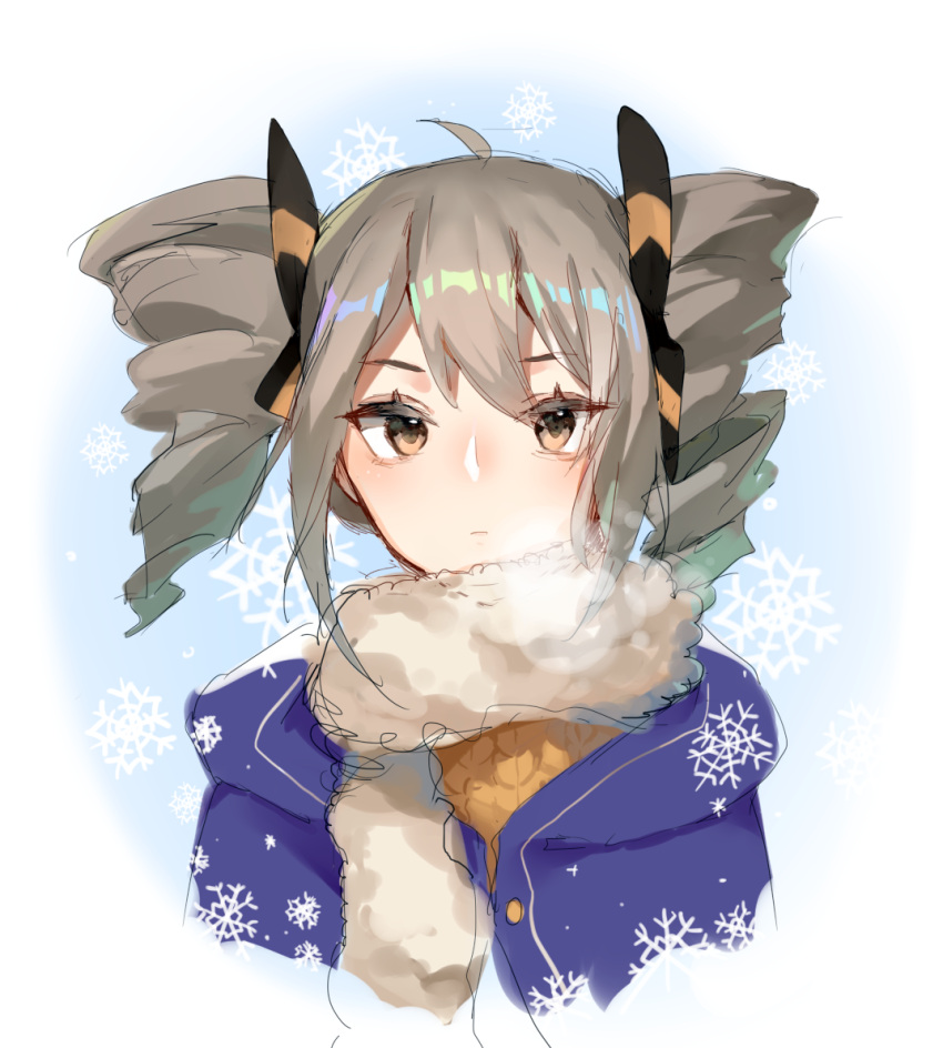 1girl ahoge black_bow blue_jacket bow bronya_zaychik bronya_zaychik_(snowy_sniper) closed_mouth cropped_torso drill_hair english_commentary grey_eyes grey_hair hair_bow honkai_(series) honkai_impact_3rd jacket juine looking_at_viewer scarf shirt snowflakes solo twin_drills twintails white_background white_scarf yellow_shirt