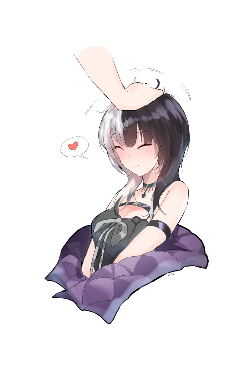 1girl ^_^ absurdres arm_strap bare_shoulders black_coat black_hair blunt_bangs blush chest_belt chest_strap choker closed_eyes closed_mouth coat disembodied_limb dress hair_between_eyes hand_on_another's_head headpat heart highres hololive hololive_english kurochanai lace-trimmed_choker lace_trim long_hair multicolored_hair off-shoulder_dress off_shoulder open_clothes open_coat out_of_frame shiori_novella simple_background sleeveless sleeveless_dress smile solo speech_bubble split-color_hair two-tone_hair virtual_youtuber white_background white_hair