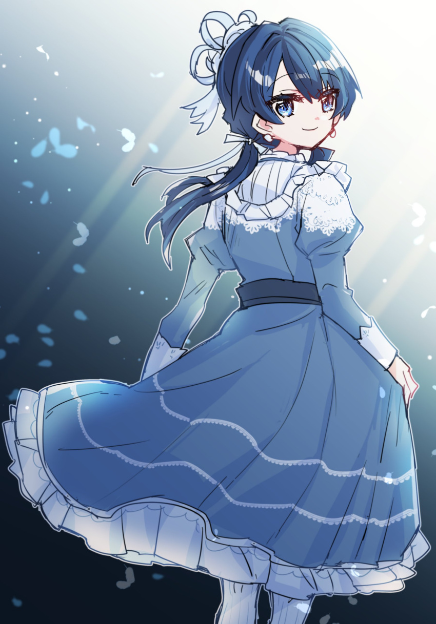 1girl absurdres arms_at_sides blue_dress blue_eyes blue_hair dress feathers feet_out_of_frame frilled_dress frills from_behind gradient_background hair_ribbon highres kanduki_kamibukuro link!_like!_love_live! long_hair long_sleeves looking_at_viewer looking_back love_live! low_twintails murano_sayaka pantyhose ribbon smile solo twintails white_pantyhose white_ribbon