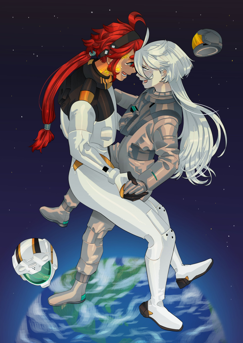 2girls absurdres black_hairband blue_eyes blush bodysuit commentary_request crying earth_(planet) eye_contact forehead-to-forehead full_body grey_bodysuit grey_eyes gundam gundam_suisei_no_majo hairband heads_together helmet highres holding_hands korean_commentary long_hair looking_at_another miorine_rembran multiple_girls open_mouth planet redhead short_hair snapagi space space_helmet spacecraft spacesuit star_(sky) suletta_mercury tears unworn_headwear unworn_helmet white_bodysuit white_hair yuri
